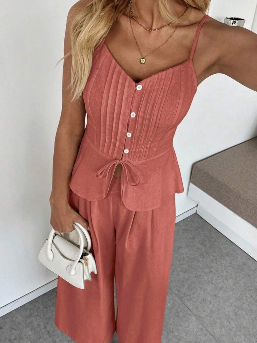 Orange 2 Piece Wide-Leg Pants with Structured Corset Bodice Top Set - Picture 6 of 6